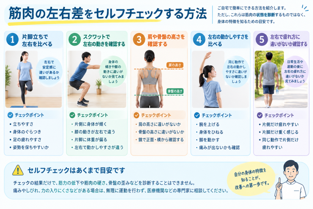 筋肉の左右差をセルフチェックする方法についてのまとめ。