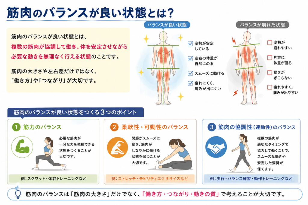 筋肉のバランスが良い状態とはどういうことかをまとめている。