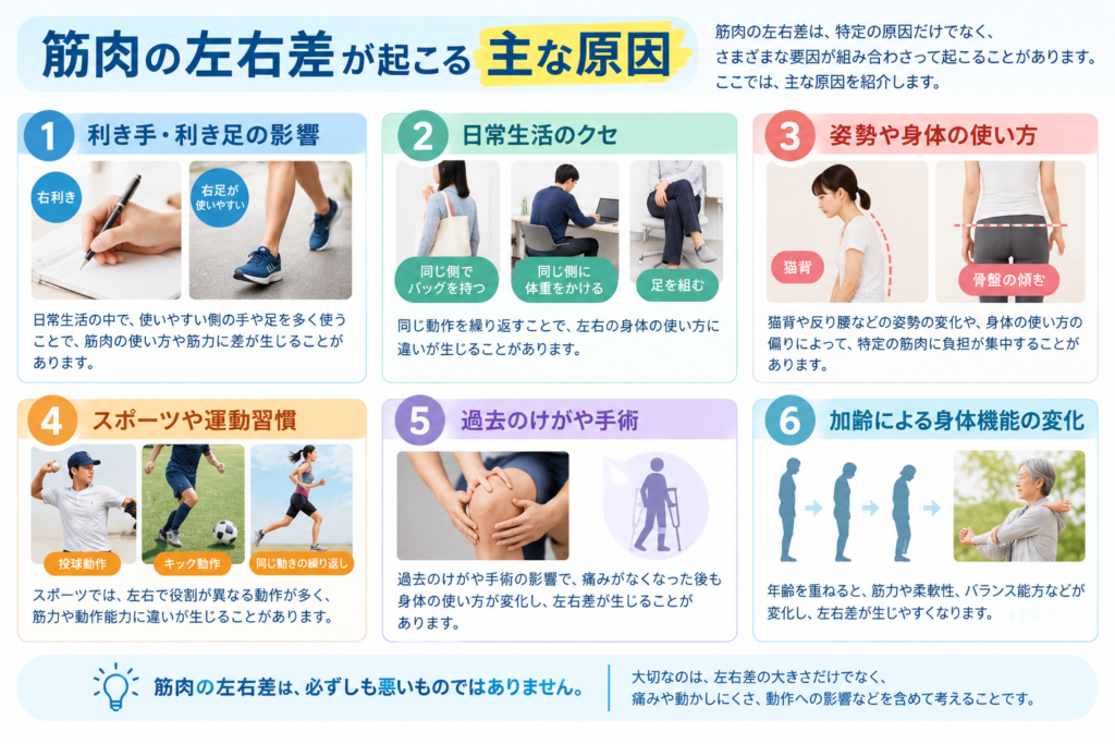 筋肉の左右差が起こる主な原因についてまとめている。