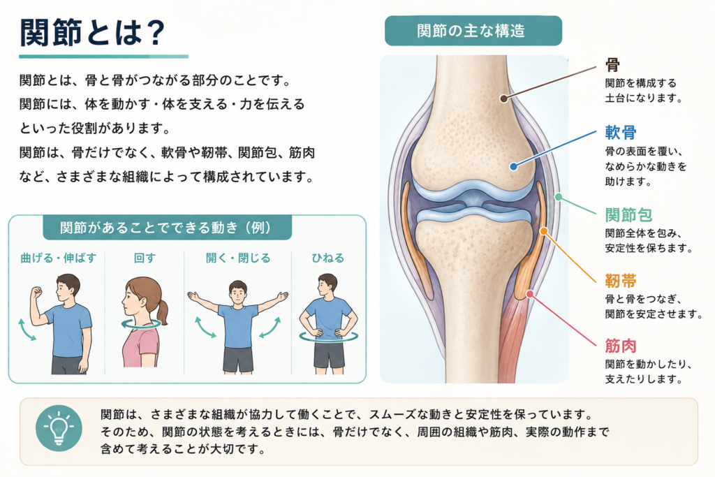 関節の基本構造や役割を説明している。