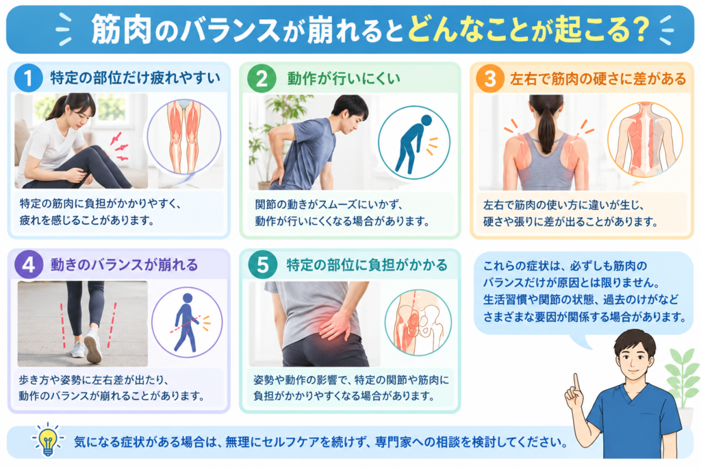 筋肉のバランスが崩れるとどんなことが起こるのかについてまとめている。