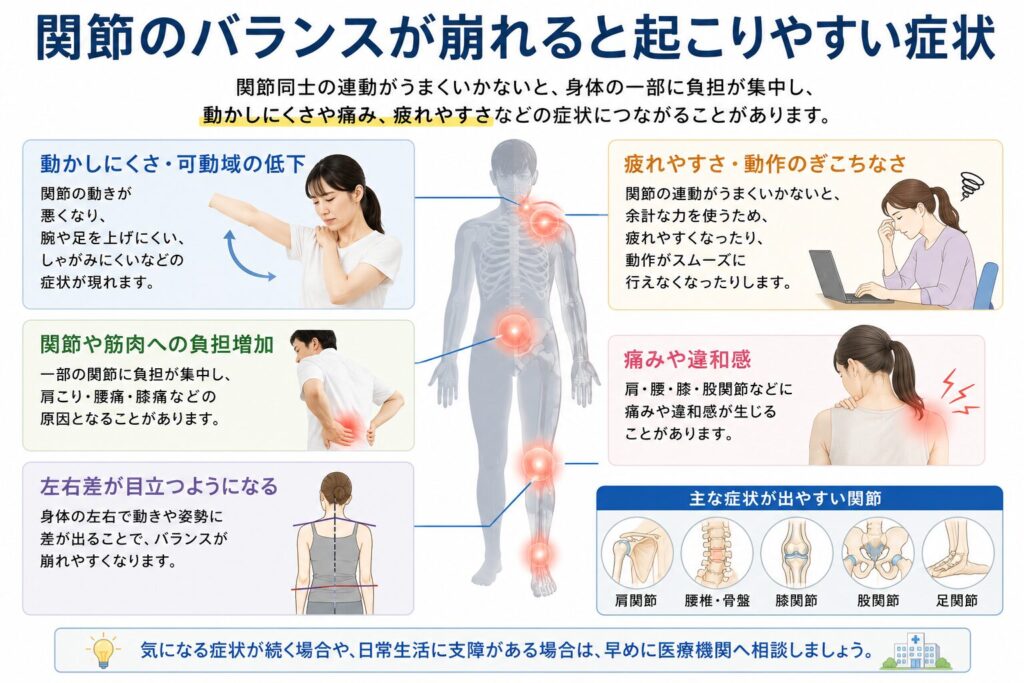 関節のバランスが崩れると起こりやすい症状についてまとめている。
