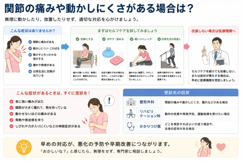 関節の痛みや動かしにくさがある場合の対応方法についてまとめている。