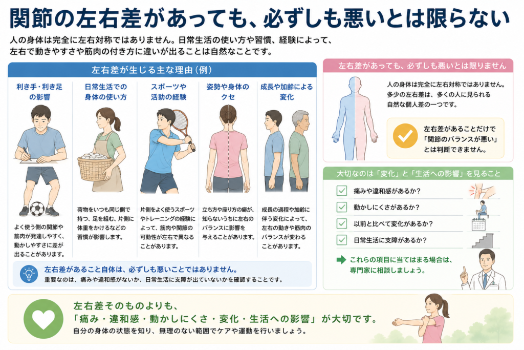 関節の左右差があっても必ずしも悪いとは限らないポイントについてまとめている。