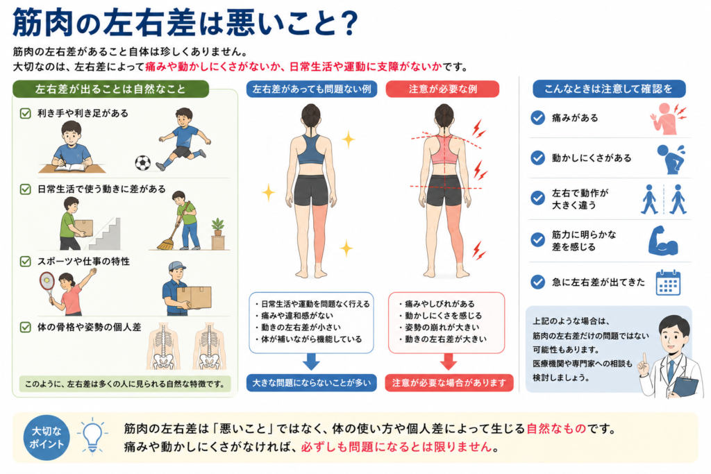 筋肉の左右差が悪いことなのかまとめている。