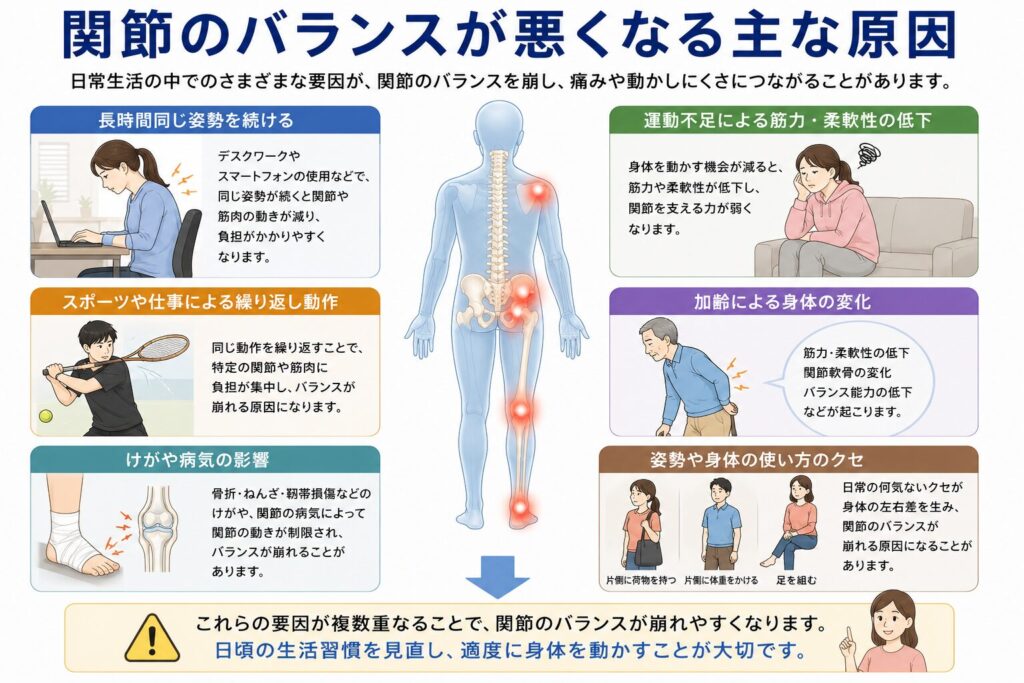 関節のバランスが悪くなる原因についてまとめている。