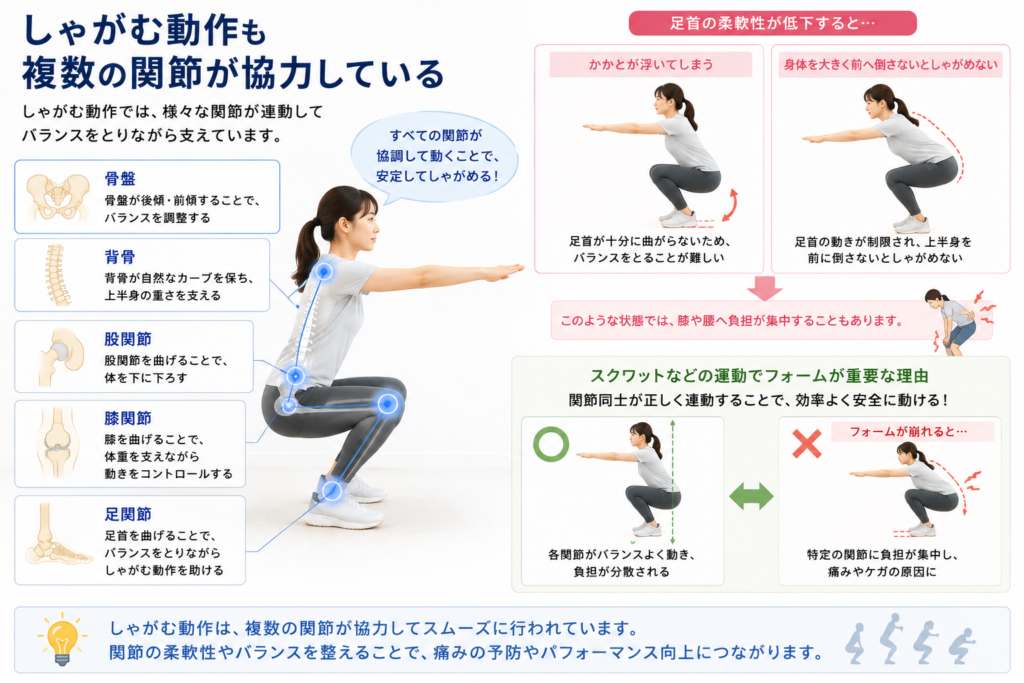 スクワット動作にて複数の関節が関与している