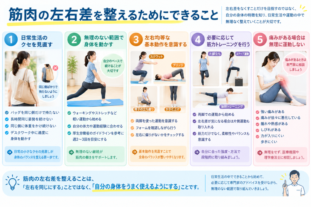 筋肉の左右差を整える具体的な方法についてまとめている。
