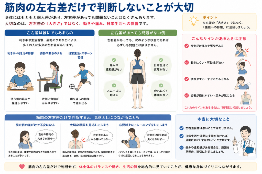 筋肉の左右差だけで筋肉バランスを判断しないことが大切ということをまとめている