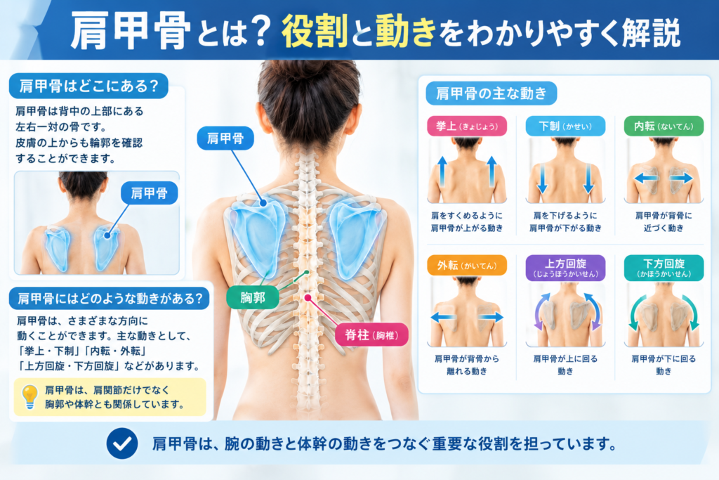肩甲骨の位置と挙上・下制・内転・外転・上方回旋・下方回旋の動きを示した解剖学イラスト