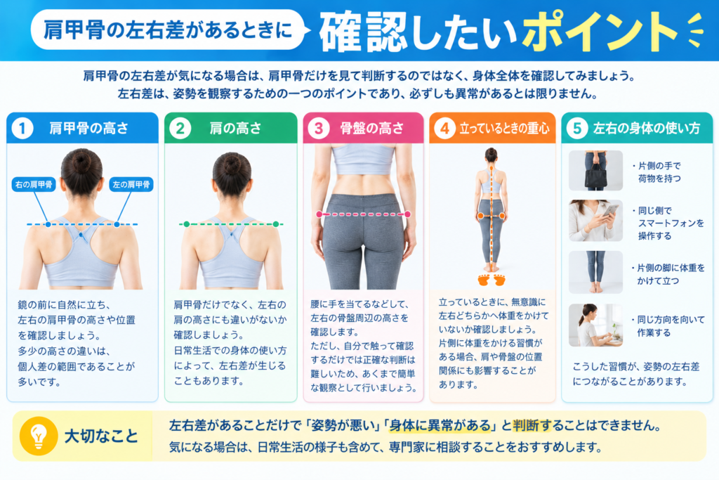 肩甲骨の左右差を確認するときの肩甲骨・肩・骨盤の高さ、立位の重心、身体の使い方を示したチェック画像