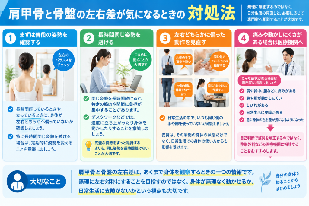 肩甲骨と骨盤の左右差が気になるときに姿勢や生活習慣を見直し、必要に応じて医療機関へ相談する方法を示した画像