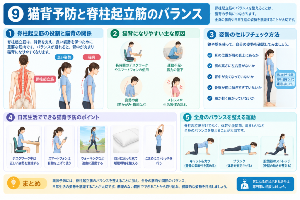 脊柱起立筋の働きや猫背の原因、姿勢のセルフチェック、日常生活の予防法、全身運動をまとめたイラスト