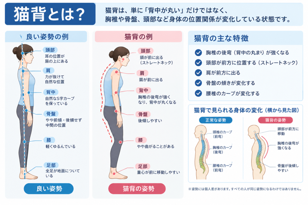 猫背の姿勢と背骨の自然なカーブを比較し、頭部や骨盤の位置関係を示したイラスト