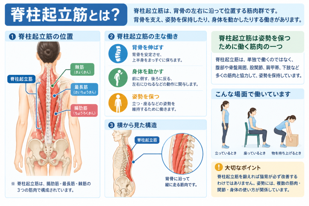 脊柱起立筋の位置と背骨を支える働きを解説した人体イラスト