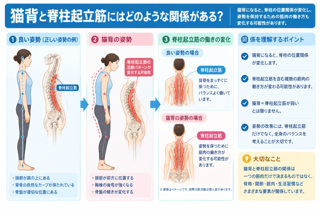 猫背と良い姿勢を比較し、姿勢の変化による脊柱起立筋の働きの違いを示したイラスト