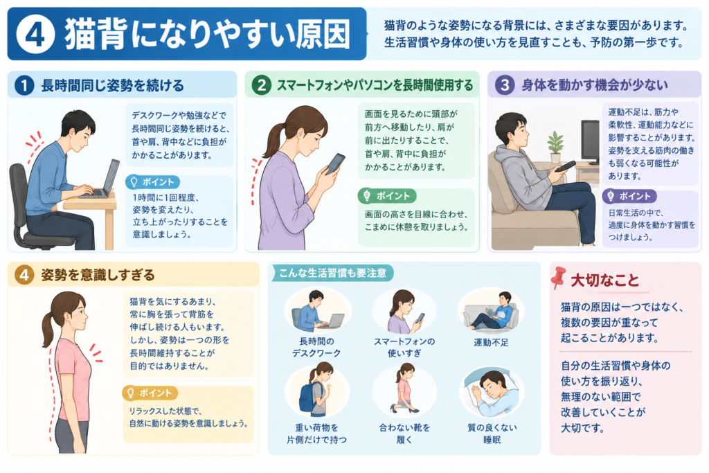 長時間のデスクワークやスマートフォンの使用、運動不足など猫背になりやすい原因を示したイラスト