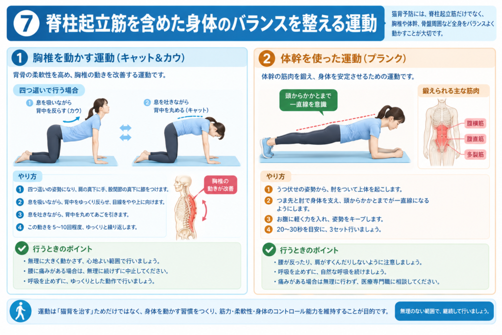 猫背予防のための胸椎運動とプランクの方法、姿勢や呼吸のポイントを解説したイラスト