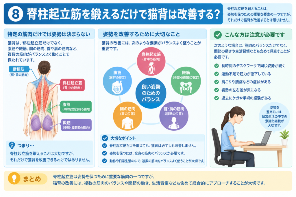 脊柱起立筋だけでなく腹筋や殿筋、胸や首・肩の筋肉など全身のバランスが姿勢に関係することを示したイラスト