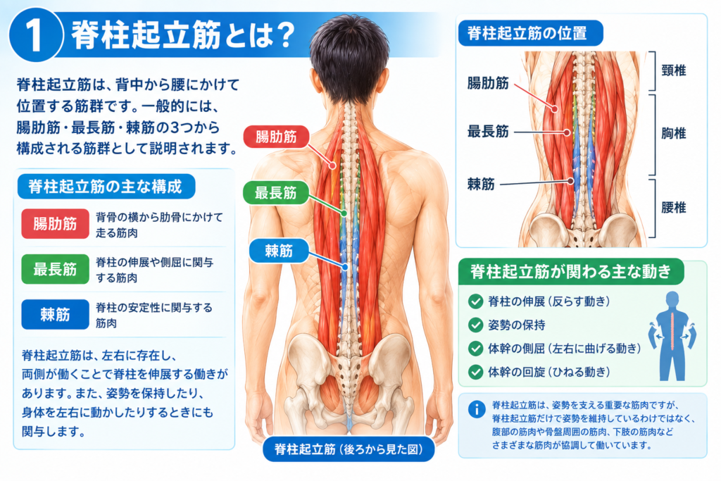 背面から見た人体で脊柱起立筋の位置を示す解剖図