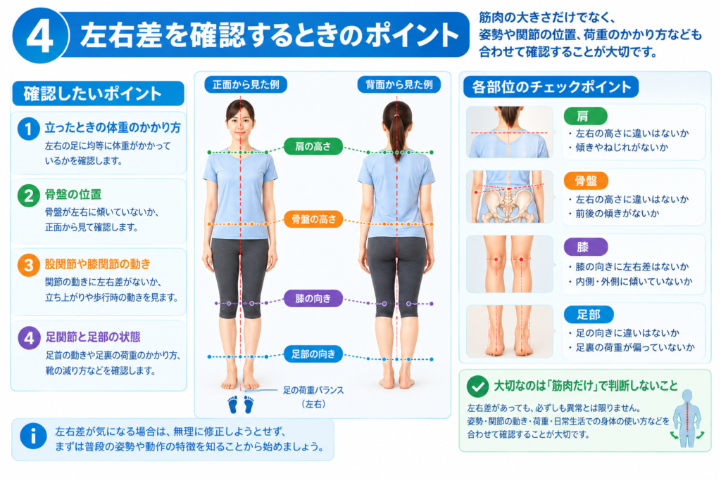 正面・背面から左右差をチェックするポイントを示す図