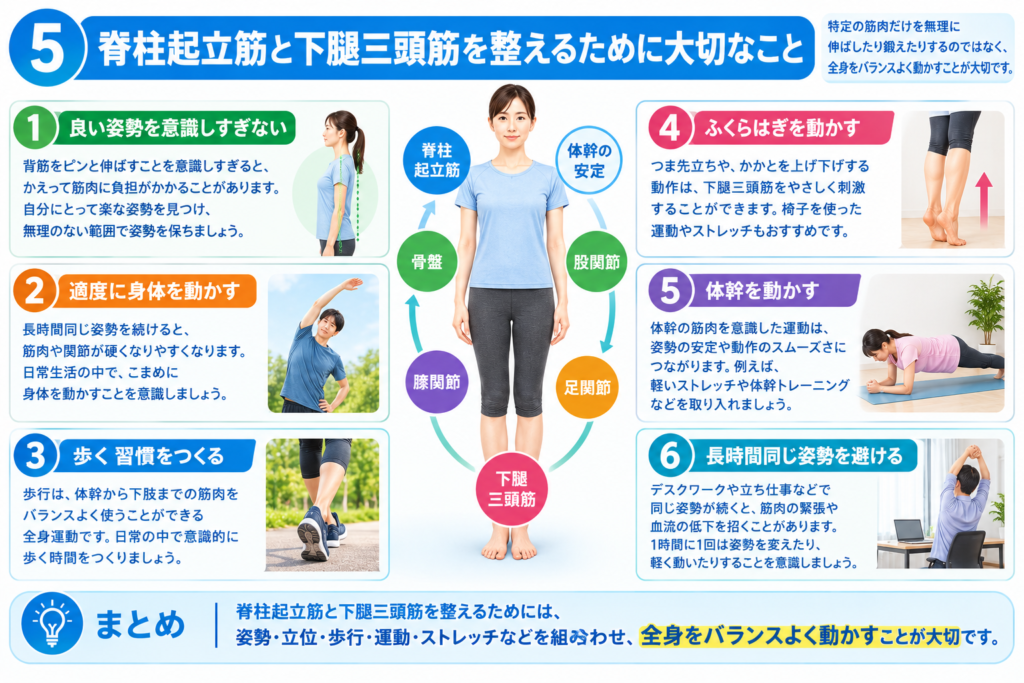 姿勢・立位・歩行・ストレッチ・運動などを組み合わせた図