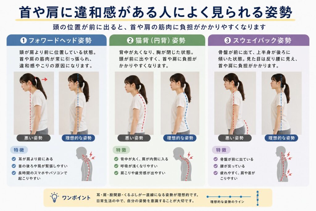 首や肩に違和感ががる人によく見られる姿勢について3パターンの説明をしている。