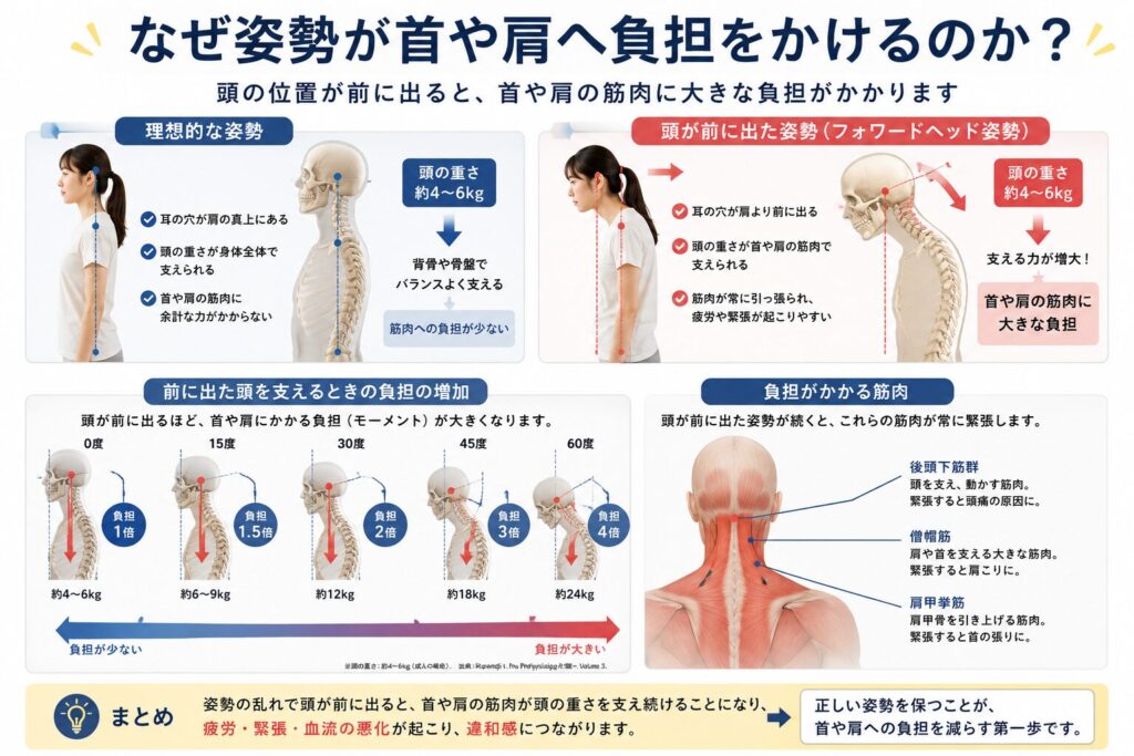 姿勢の乱れが首や肩へ負担をかけるﾎﾟｲﾝﾄについてまとめている。