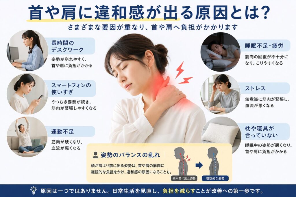 首や肩に違和感が出る原因について写真で分かりやすくまとめている。