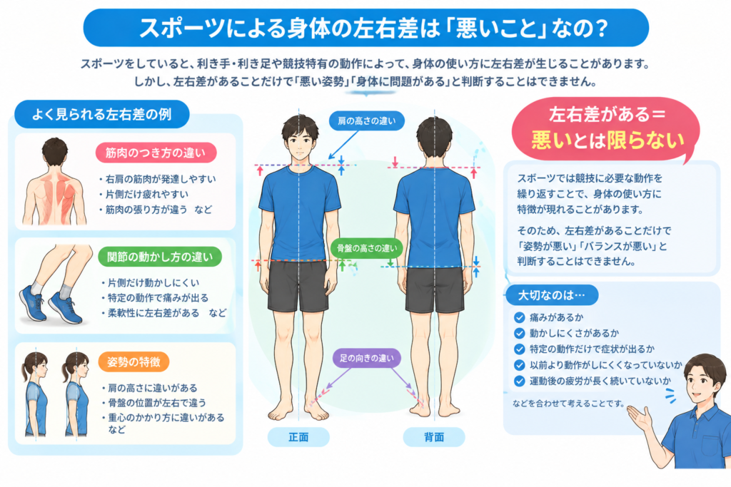 スポーツによる身体の左右差と左右差だけで悪いと判断できないことを示した人体イラスト