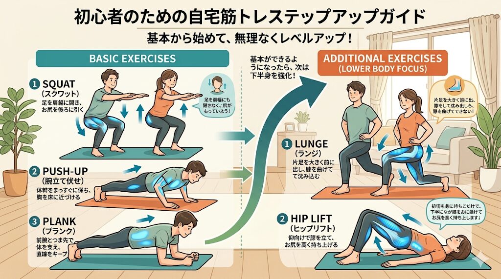 「慣れたら追加！自宅筋トレをレベルアップ」