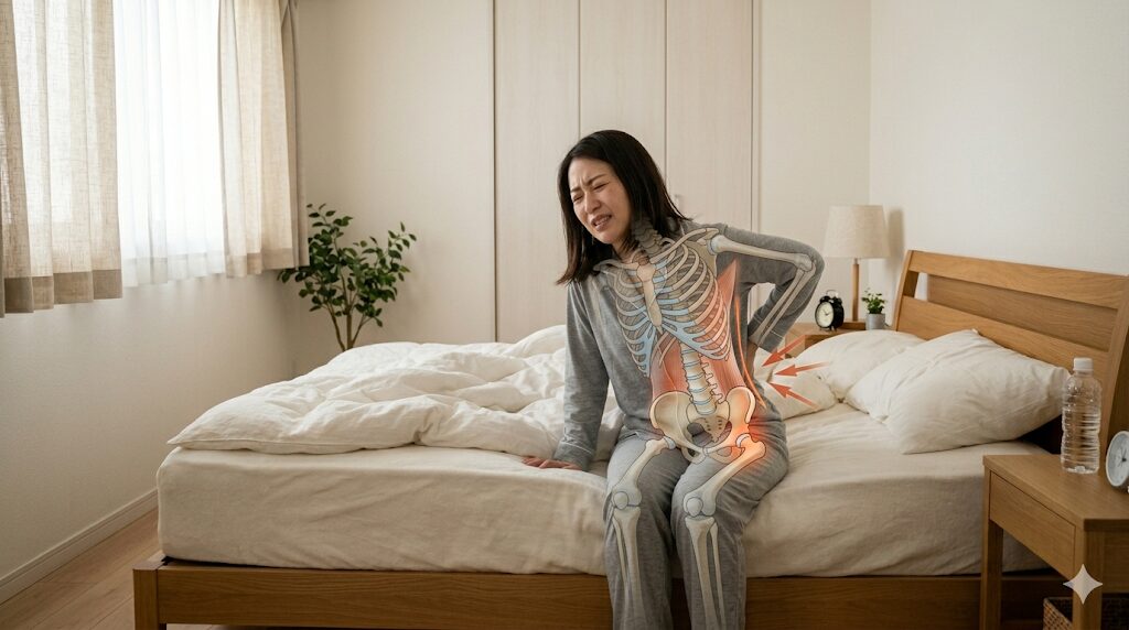 日本人の30〜40代女性が朝に腰を押さえている様子