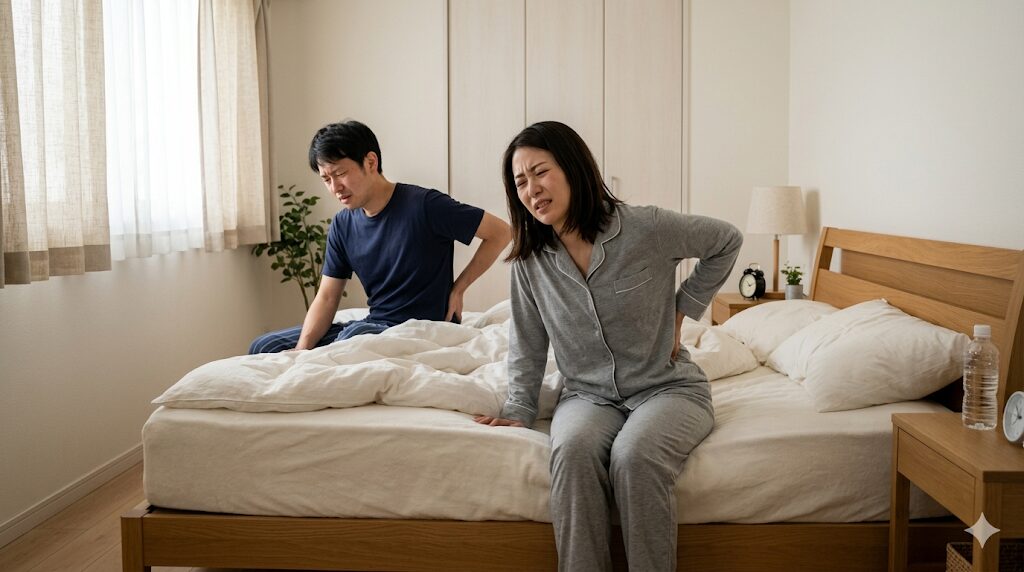 朝起きて腰を押さえながらベッドから起き上がる日本人の30〜40代男女