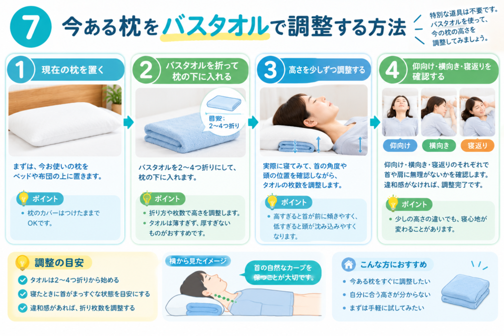 「バスタオルで枕の高さを微調整する方法」