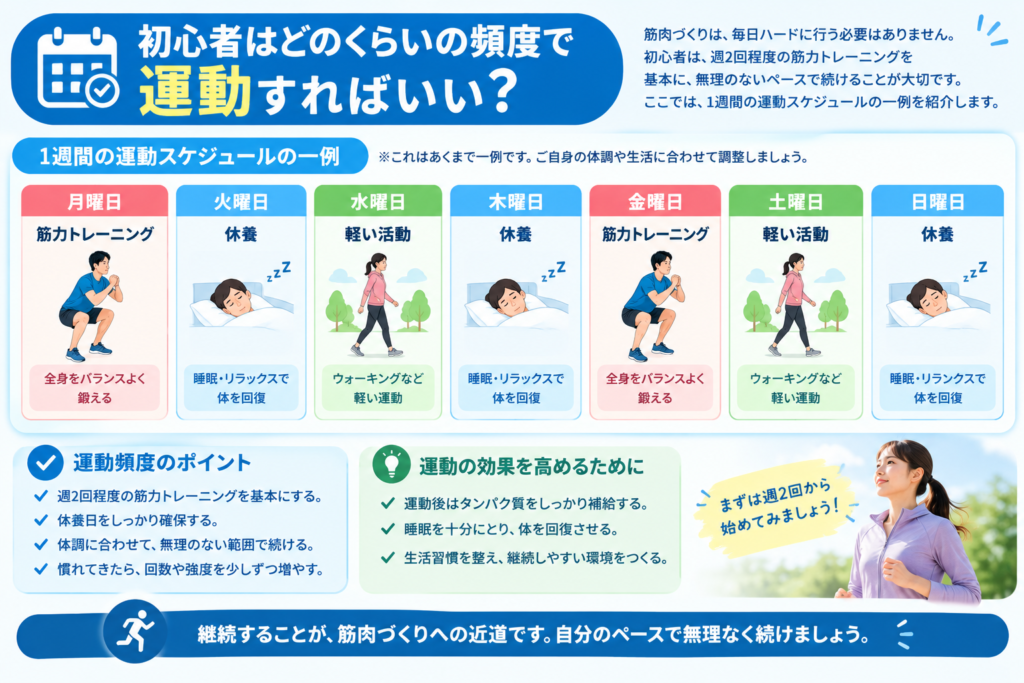 初心者が週2回程度の筋力トレーニングを行う週間スケジュールの例