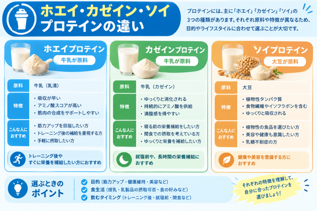 ホエイ・カゼイン・ソイプロテインの原料と特徴を比較した図