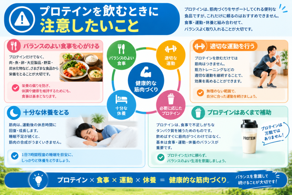 バランスのよい食事・運動・休養とプロテインの組み合わせを示した図