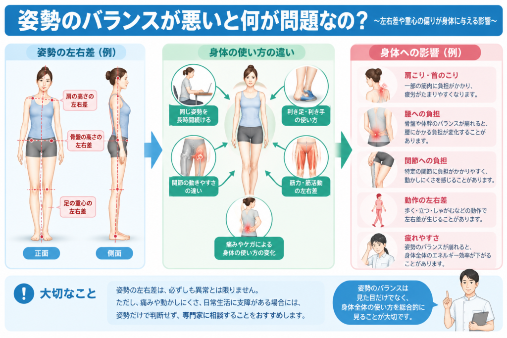 姿勢の左右差と身体への影響を整理した図