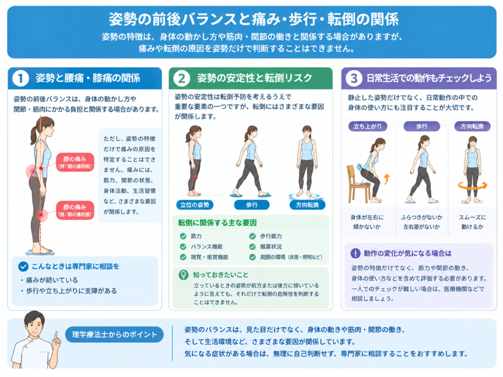 姿勢の前後バランスと痛み・歩行・転倒の関係