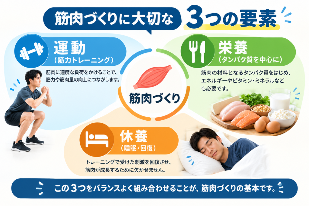 筋肉づくりに大切な運動・栄養・休養の3つの要素を示した図