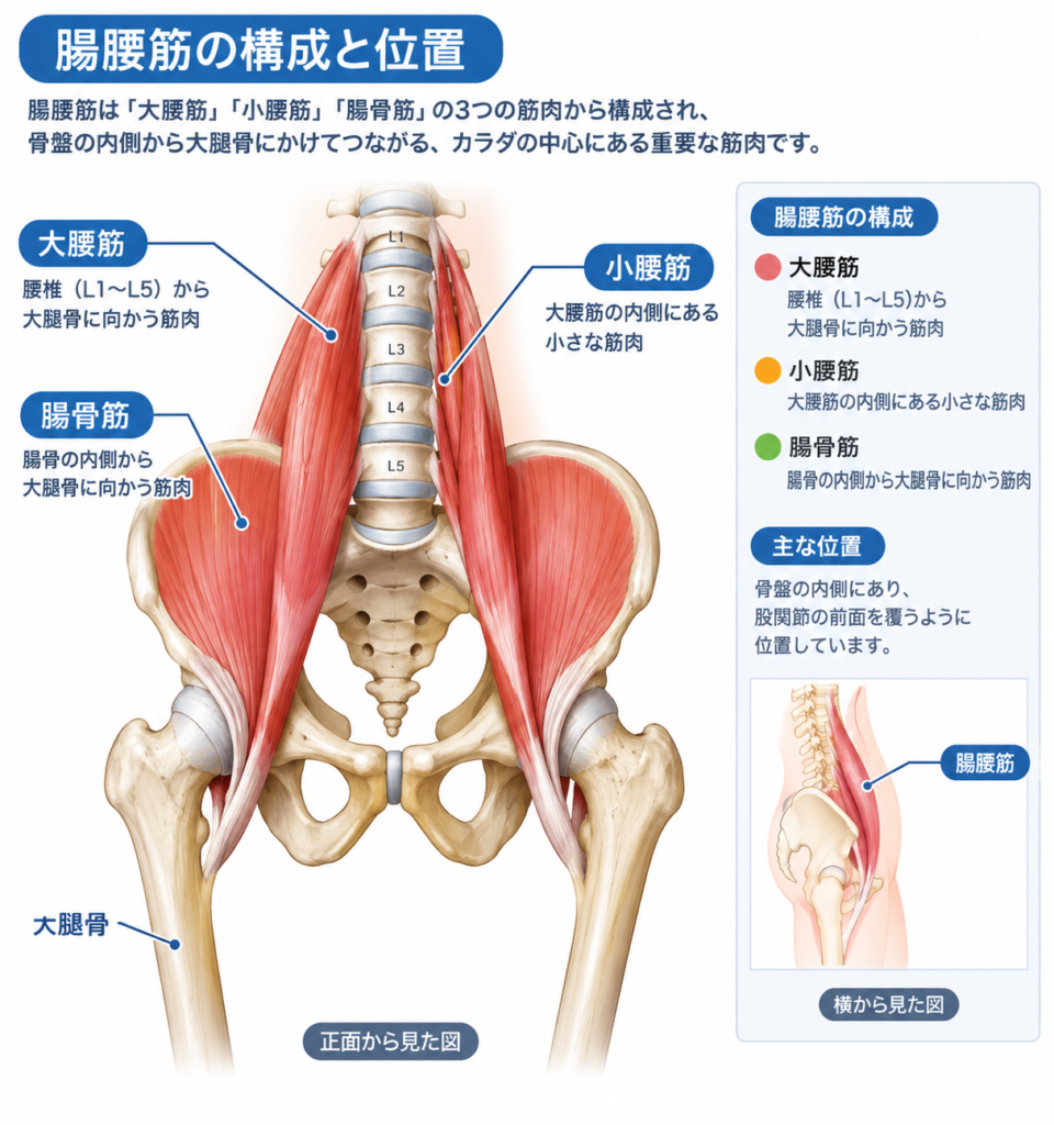 腸腰筋を構成する大腰筋と腸骨筋の位置および腰椎・骨盤との関係