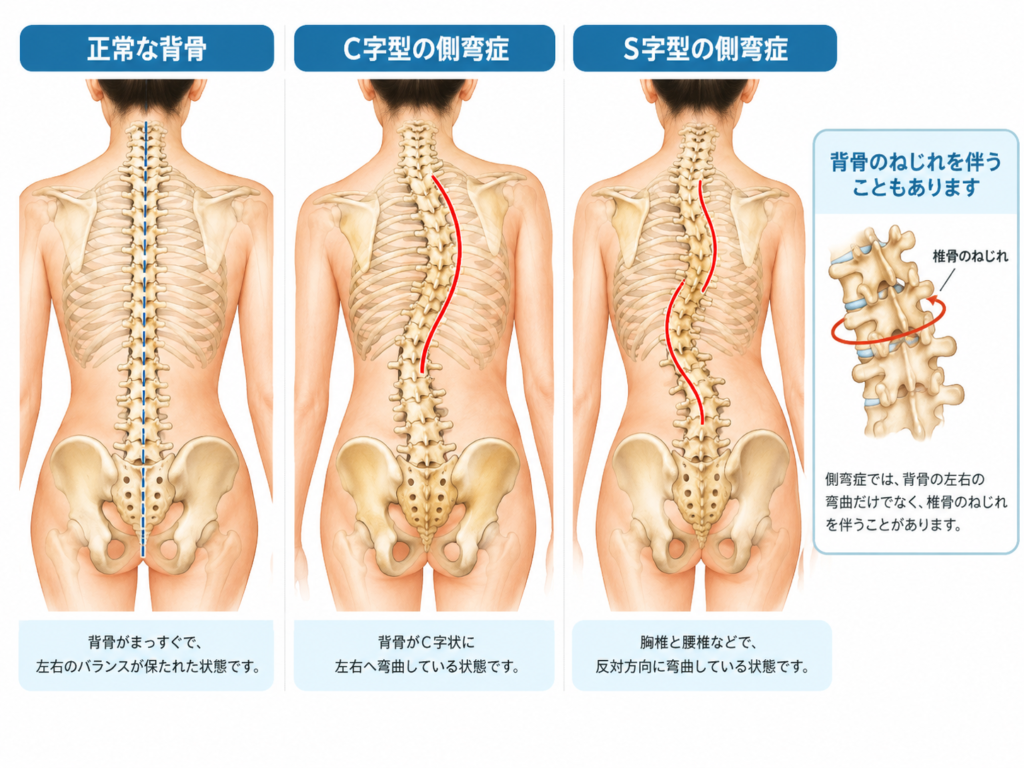 正常な背骨とC字型・S字型の側弯症の違いを示した背面図。側弯症では背骨の左右への弯曲に加え、椎骨のねじれを伴うことがある。