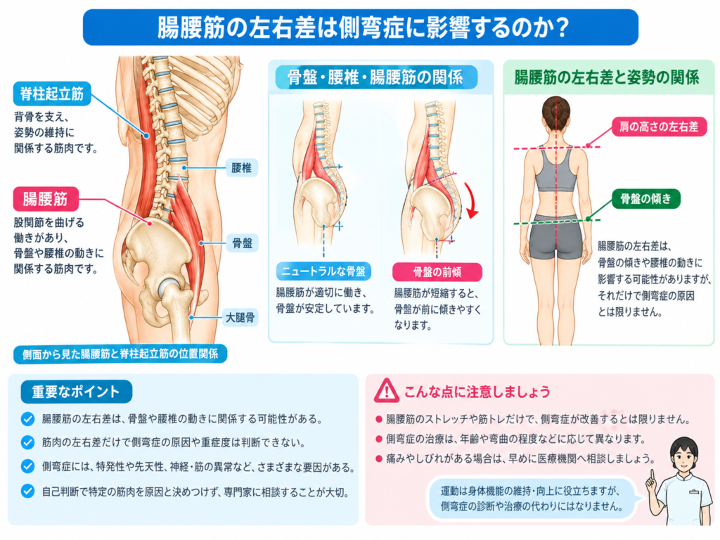 腸腰筋・骨盤・腰椎の位置関係と姿勢への影響を示した図。腸腰筋の左右差だけで側弯症の原因や程度を判断できないことを説明している。