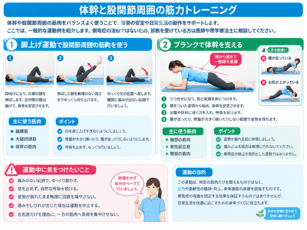 脚上げ運動と膝つきプランクの実施方法を示した図。股関節周囲や体幹の筋力を維持し、身体機能を支えるための基本的な運動を紹介している。