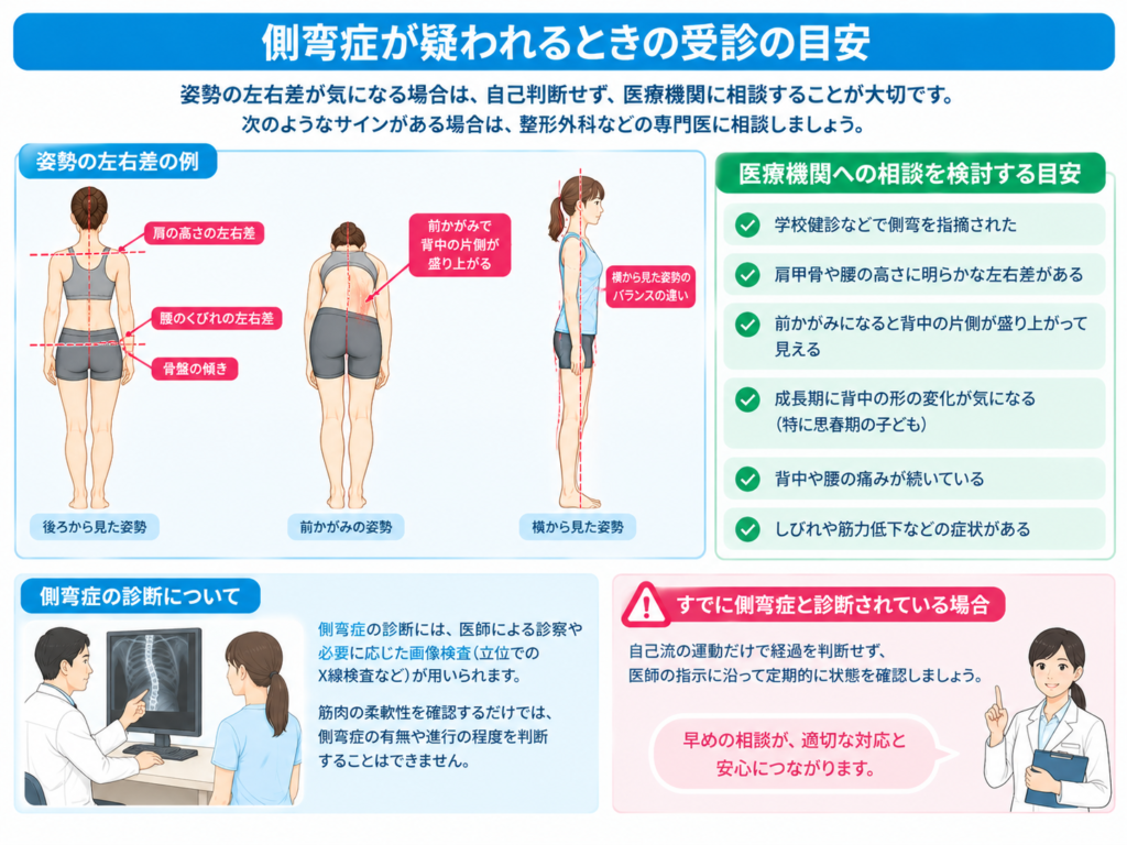 肩や腰の高さの左右差、前かがみで目立つ背中の左右差、医療機関での相談の目安を示した図。見た目だけでは側弯症を診断できないことも説明している。