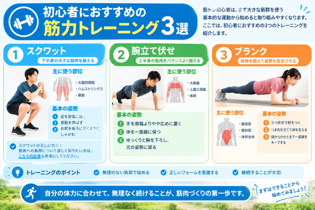 筋トレ初心者におすすめのスクワット・腕立て伏せ・プランクを示した図